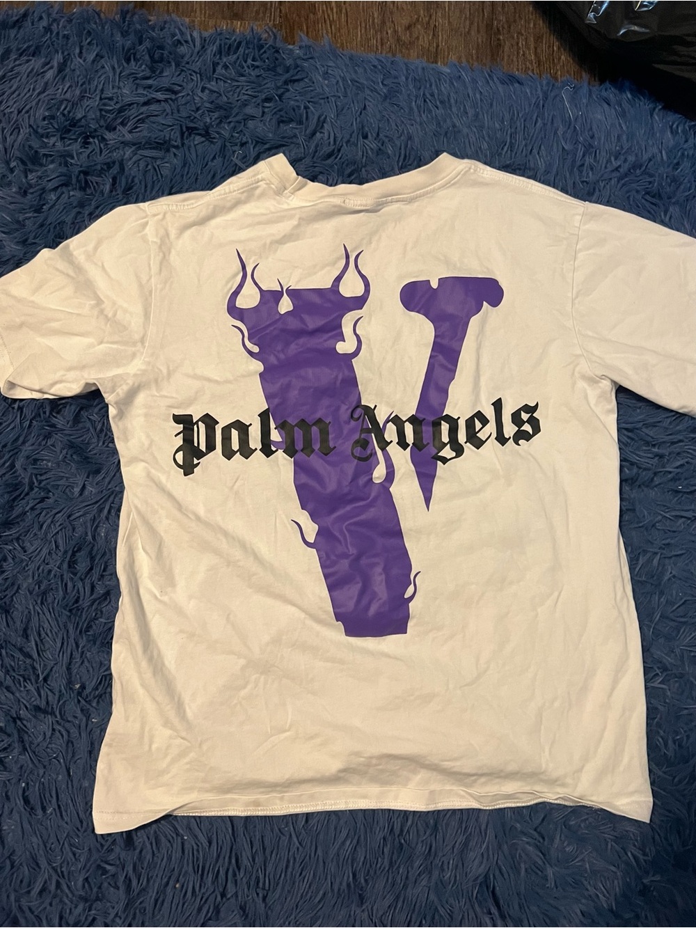 Palm Angels White Short-Sleeve Tee with Purple Flame 'V' and Black Logo